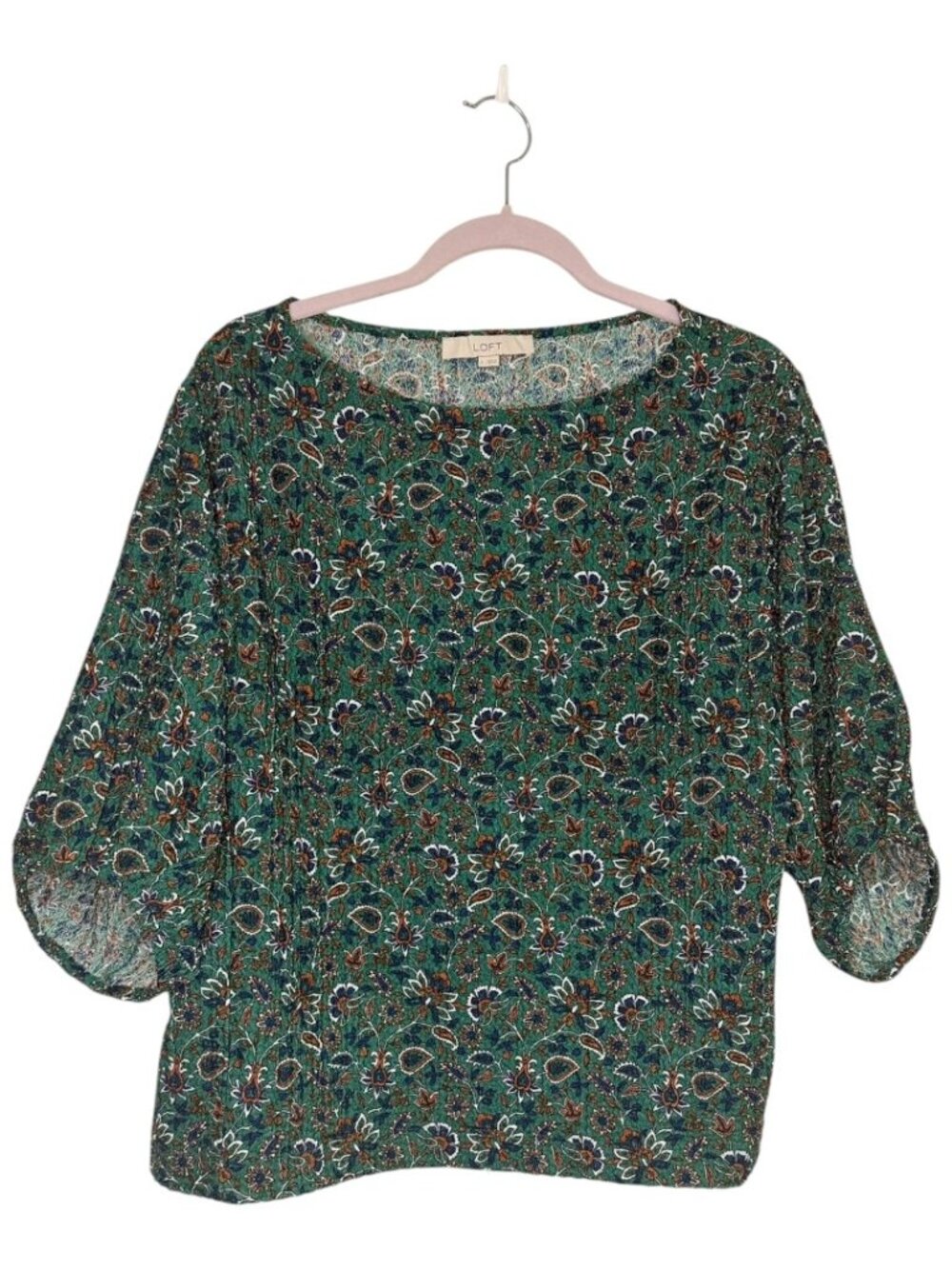 LOFT  Green Floral Elbow Length Textured Top - Size Large